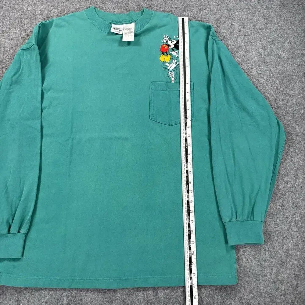 Vintage Disney Store Mickey Mouse Spring Pocket Long Sleeve T Shirt XL Teal